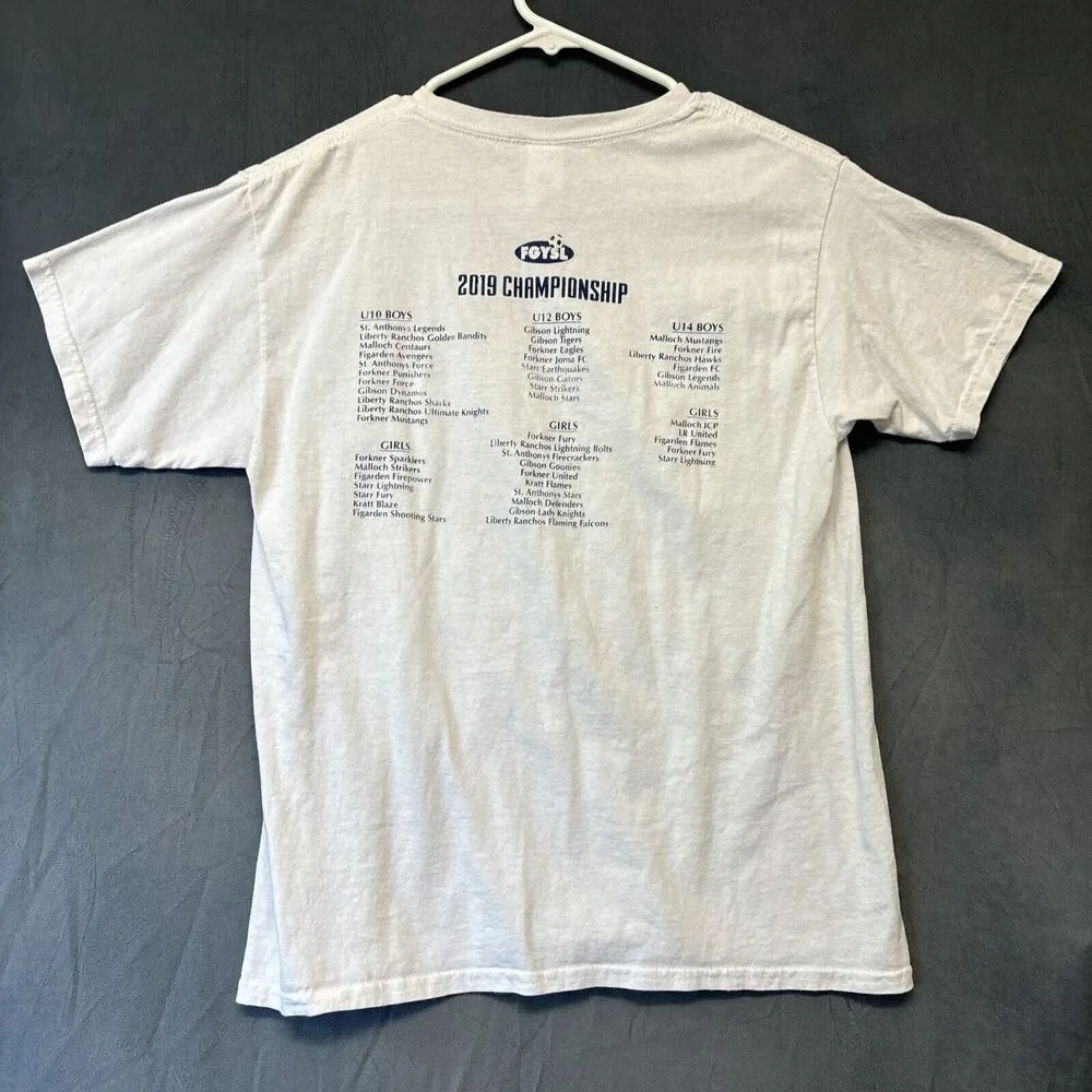 Gildan Shirt Kids Large FYGSL Soccer Champions Graphic Print 2019 Memories Win